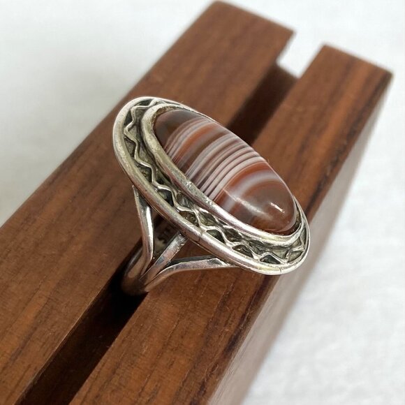 VTG Sterling Silver 925 Oval Bezel Set Banded Agate Double Split Shank Ring Sz 6 - Picture 5 of 16